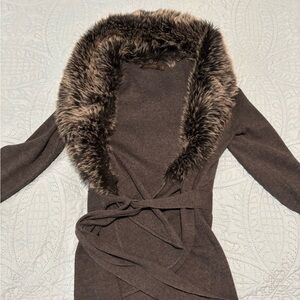 The Limited Gray Cardigan with Faux Fur Collar